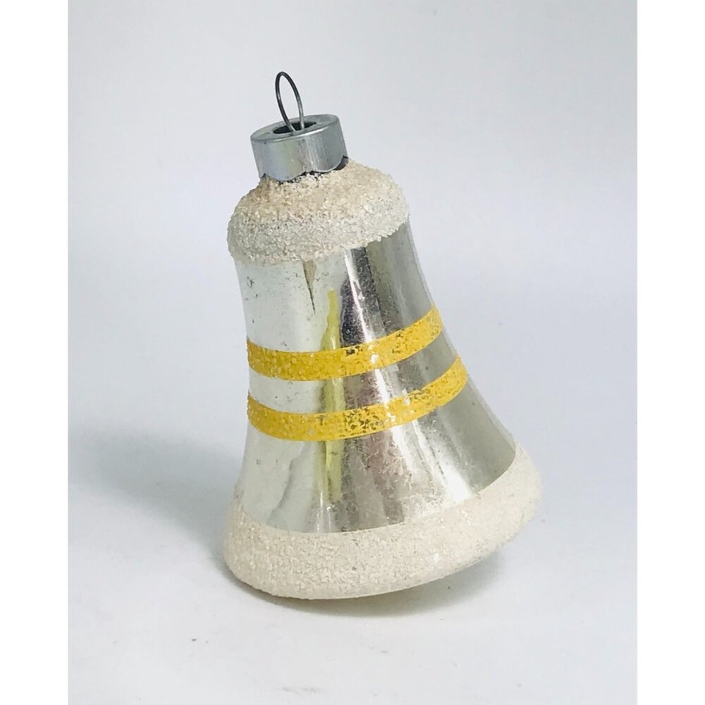 Vintage Shiny Brite Mercury Glass & Mica Silver Bell Ornament Yellow Stripes